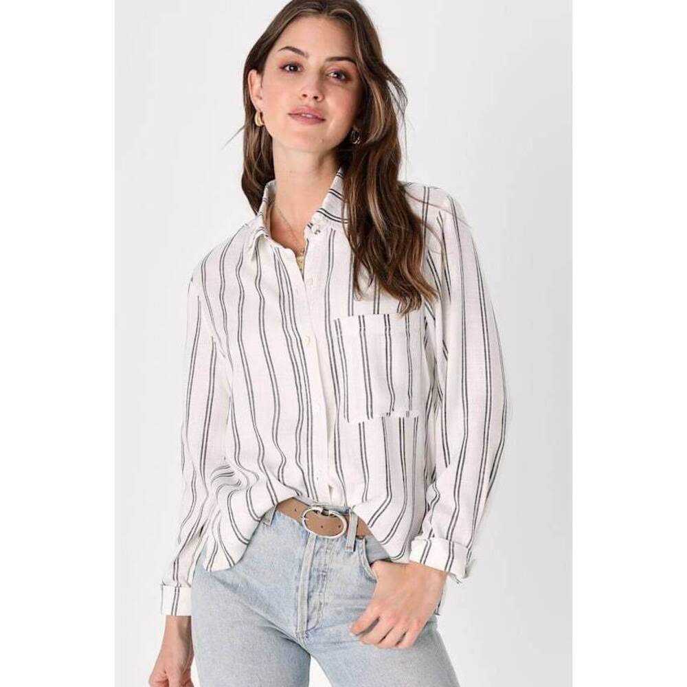 Lulus Forever Classic White Striped Long Sleeve Button-up Top - Size S